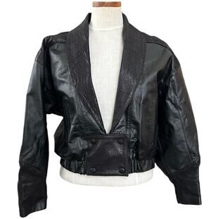 Vtg 80s Cropped Black Leather Jacket M Wide Shoulder Brocade Lapel Made Mexico